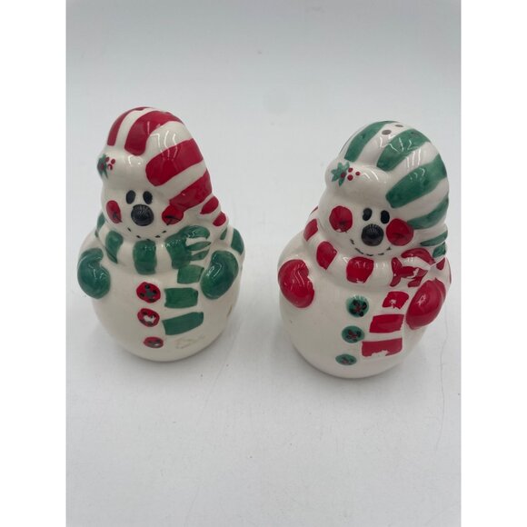 Snowman Ceramic Salt & Pepper Shakers With Christmas Felt Ornament - Red & Green - Picture 1 of 9